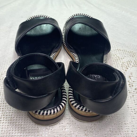 Vince Camuto Sandals Size 8.5 Leather Ankle Strap Low Wedge Heel Black Hook Loop - Picture 5 of 7